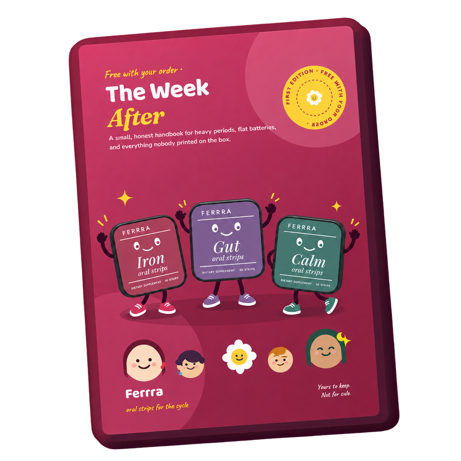 The Week After, Ferrra’s free e-book, featuring smiling Iron, Gut and Calm tin avatars with cartoon arms, legs and trainers.