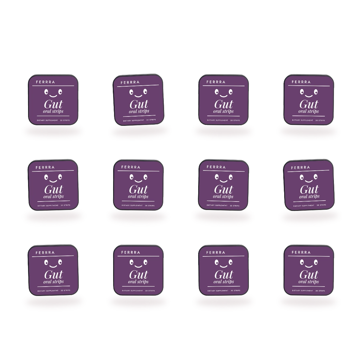 Twelve tins of Ferrra Gut oral strips, 360 strips