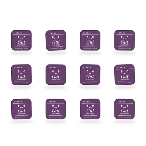 Twelve tins of Ferrra Gut oral strips, 360 strips