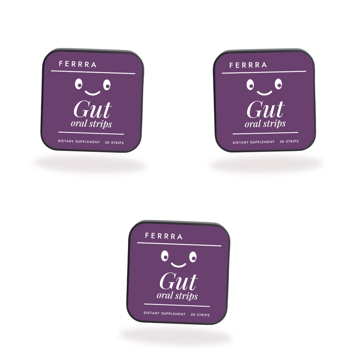 Three tins of Ferrra Gut oral strips, 90 strips