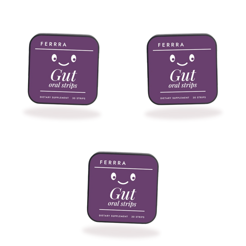 Three tins of Ferrra Gut oral strips, 90 strips