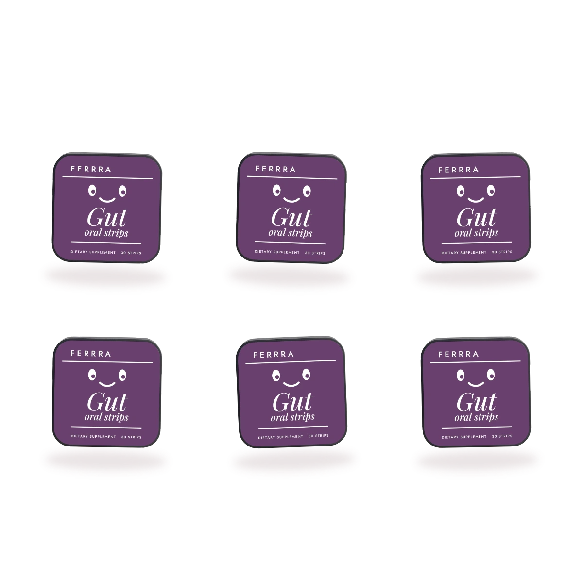 Six tins of Ferrra Gut oral strips, 180 strips
