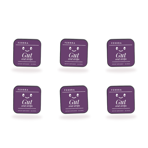 Six tins of Ferrra Gut oral strips, 180 strips