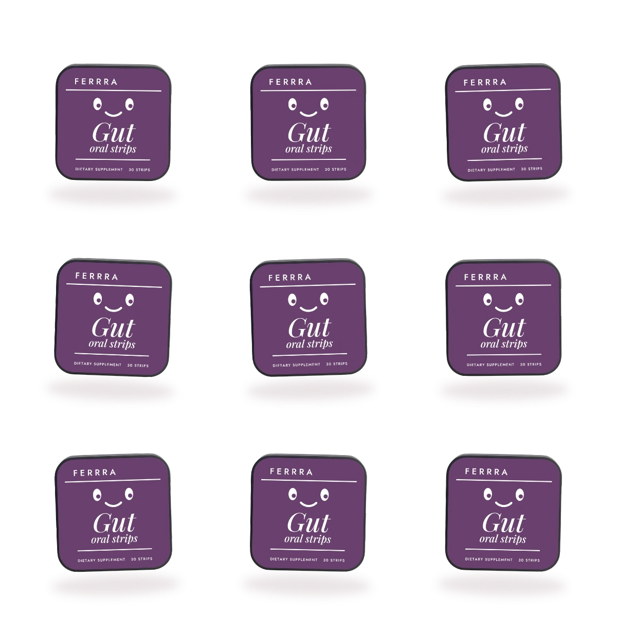 Nine tins of Ferrra Gut oral strips, 270 strips