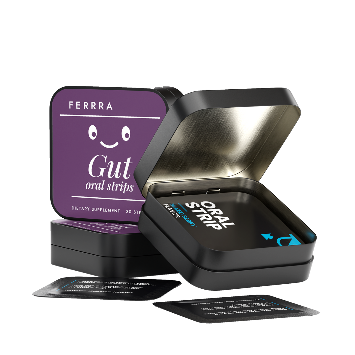 Ferrra Gut oral strips — open tin with sachets