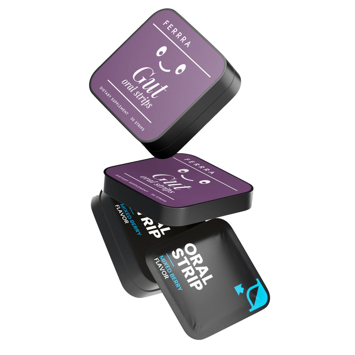 Ferrra Gut oral strips — floating tins and sachets