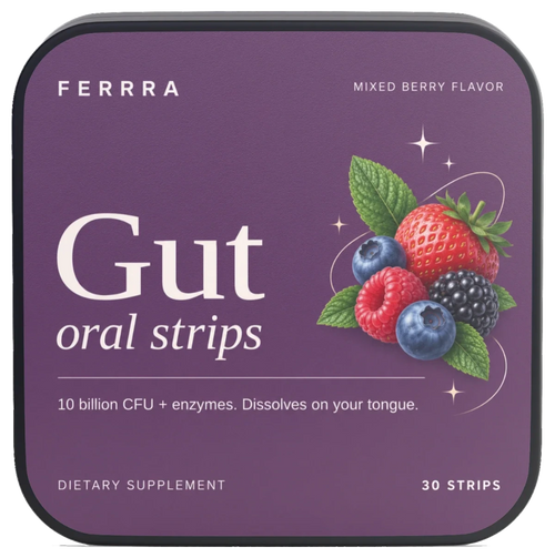 Ferrra Gut oral strips tin, mixed berry flavour, 30 strips