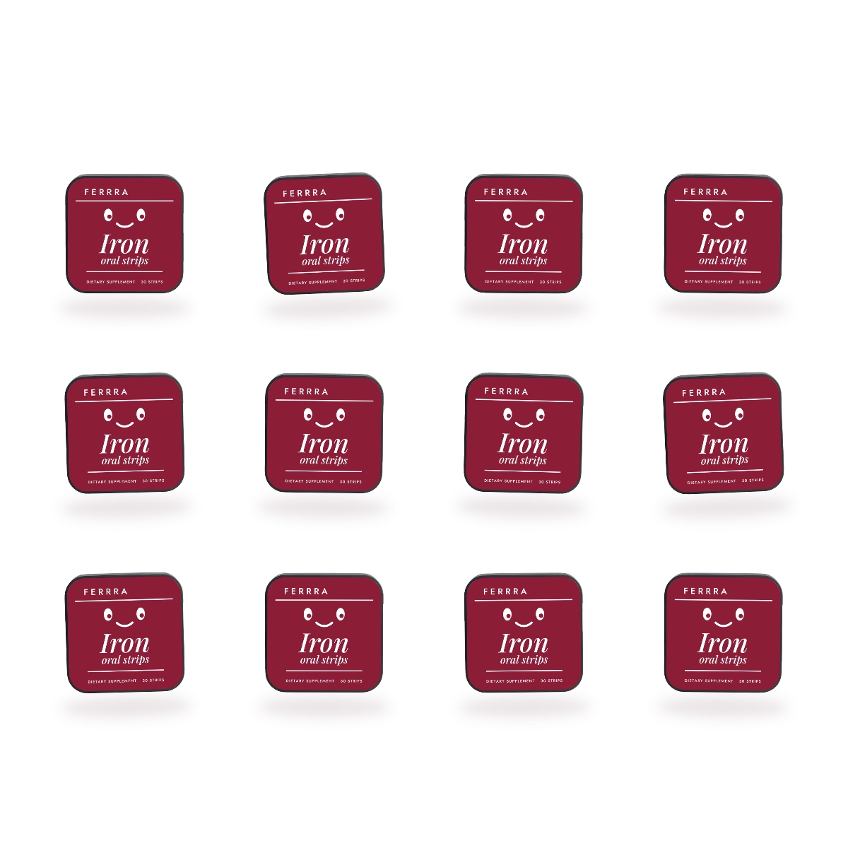 Twelve tins of Ferrra Iron oral strips, 360 strips