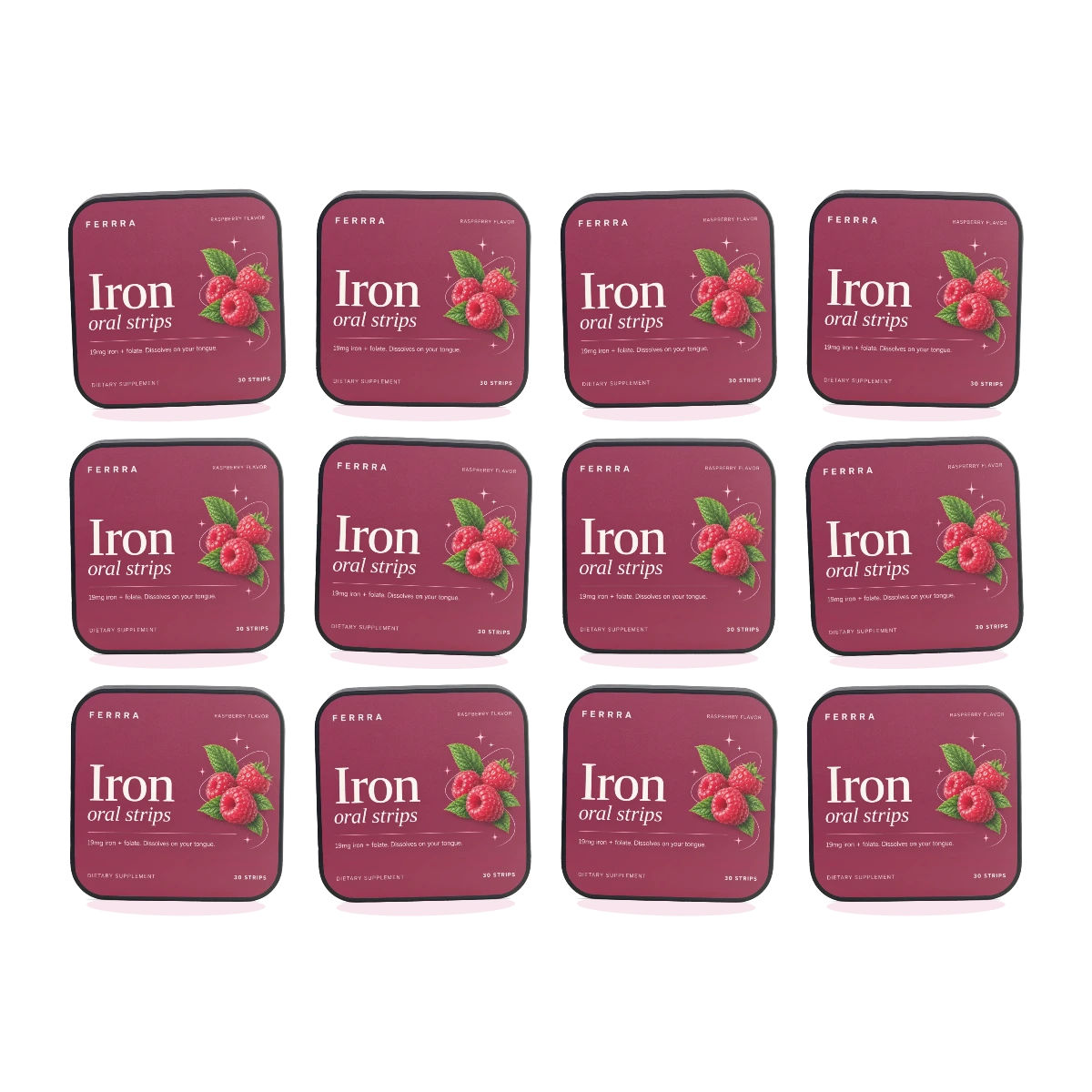 Twelve tins of Ferrra Iron oral strips arranged together — a twelve month supply.