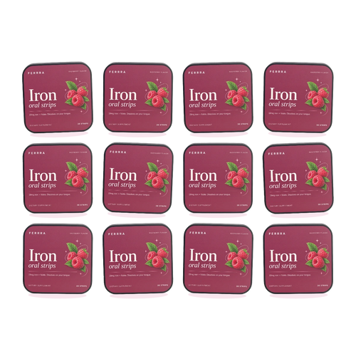 Twelve tins of Ferrra Iron oral strips arranged together — a twelve month supply.