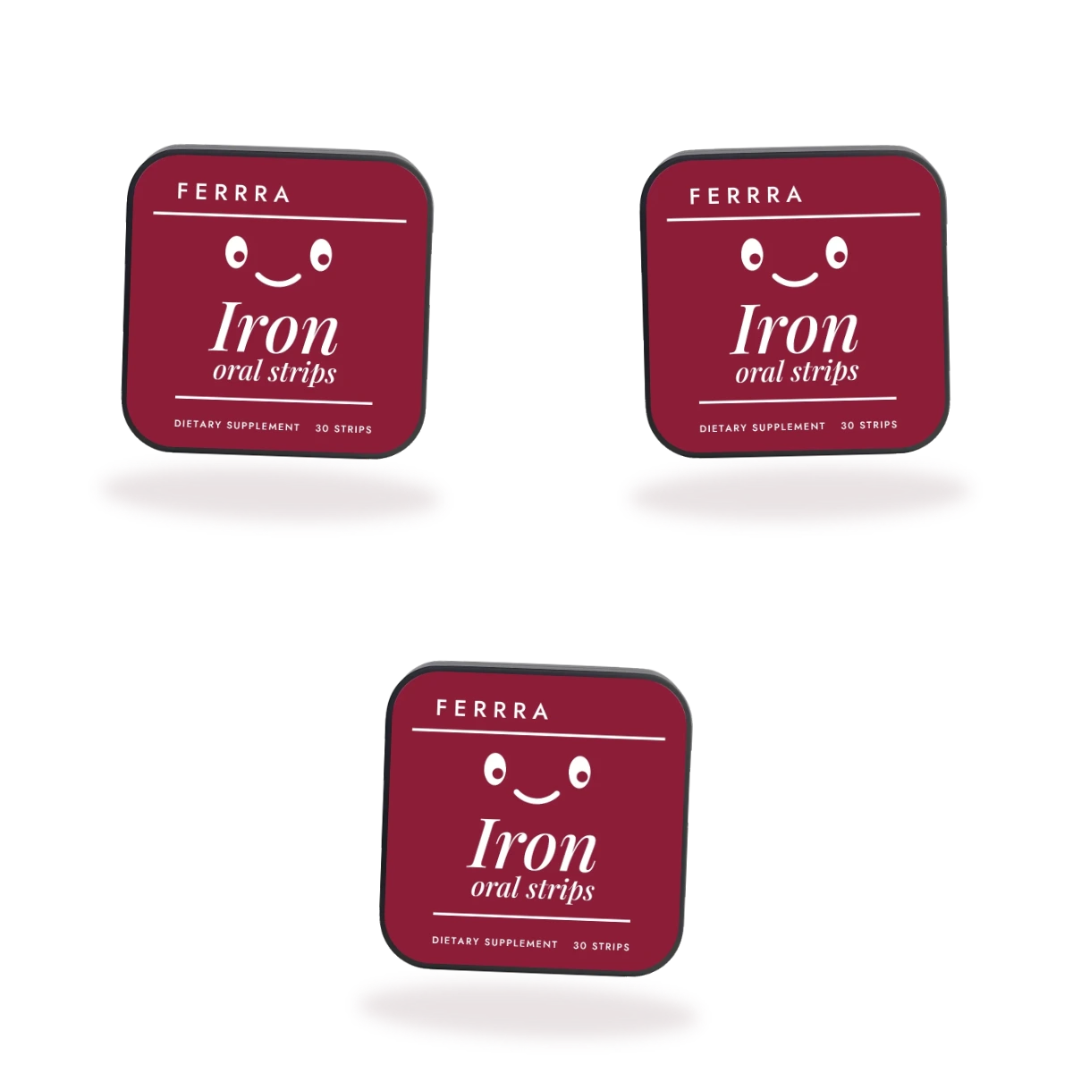 Three tins of Ferrra Iron oral strips, 90 strips