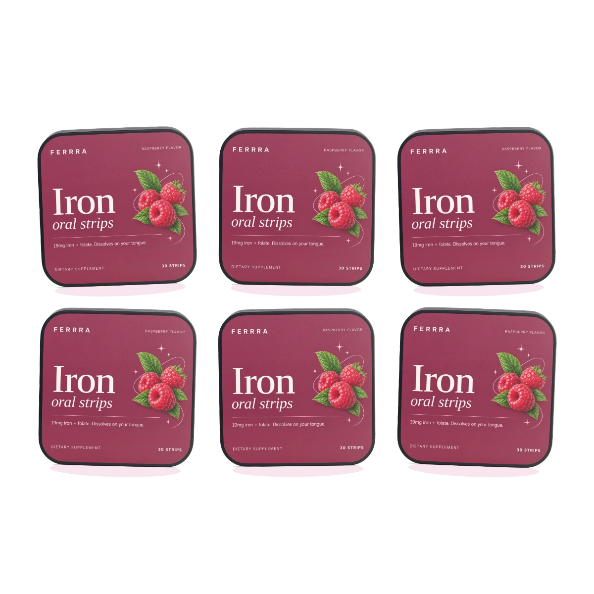 Six tins of Ferrra Iron oral strips arranged together — a six month supply.