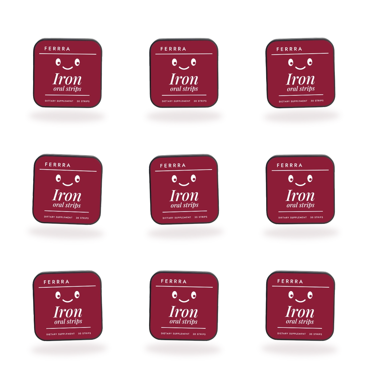 Nine tins of Ferrra Iron oral strips, 270 strips