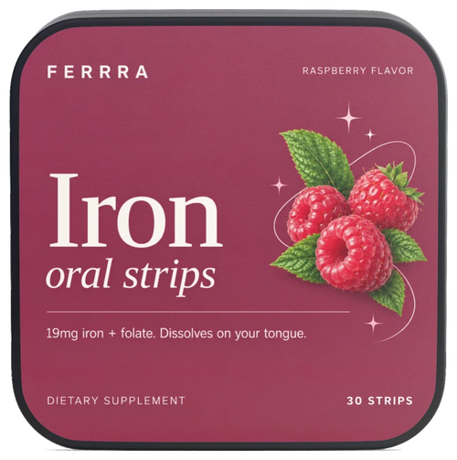 Ferrra Iron oral strips tin, raspberry flavour, 30 strips